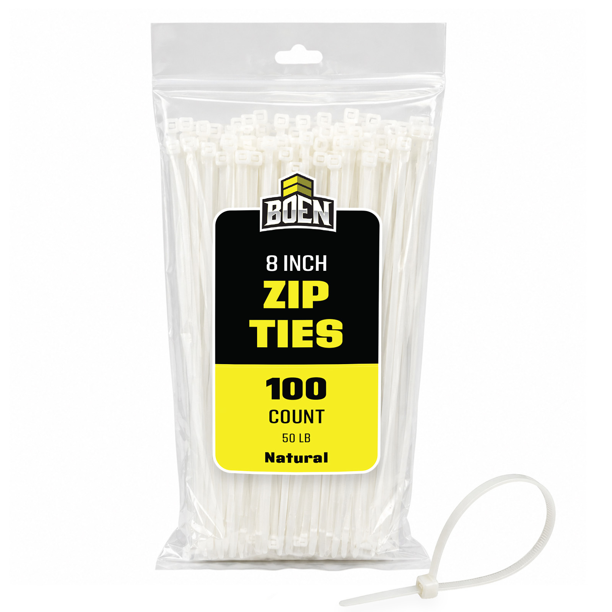 Boen 8 in, 100-Pack, Natural Nylon Cable Ties - 50lb